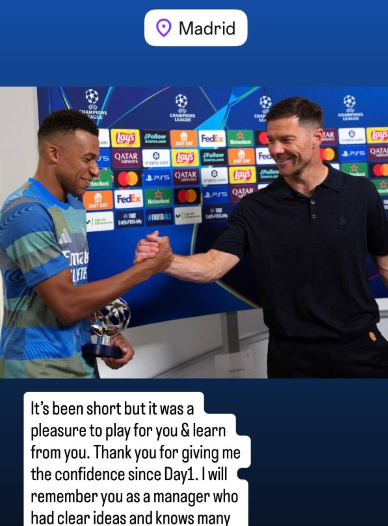 皇马又换主教练了!姆巴佩祝福阿隆索:为您效力很荣幸